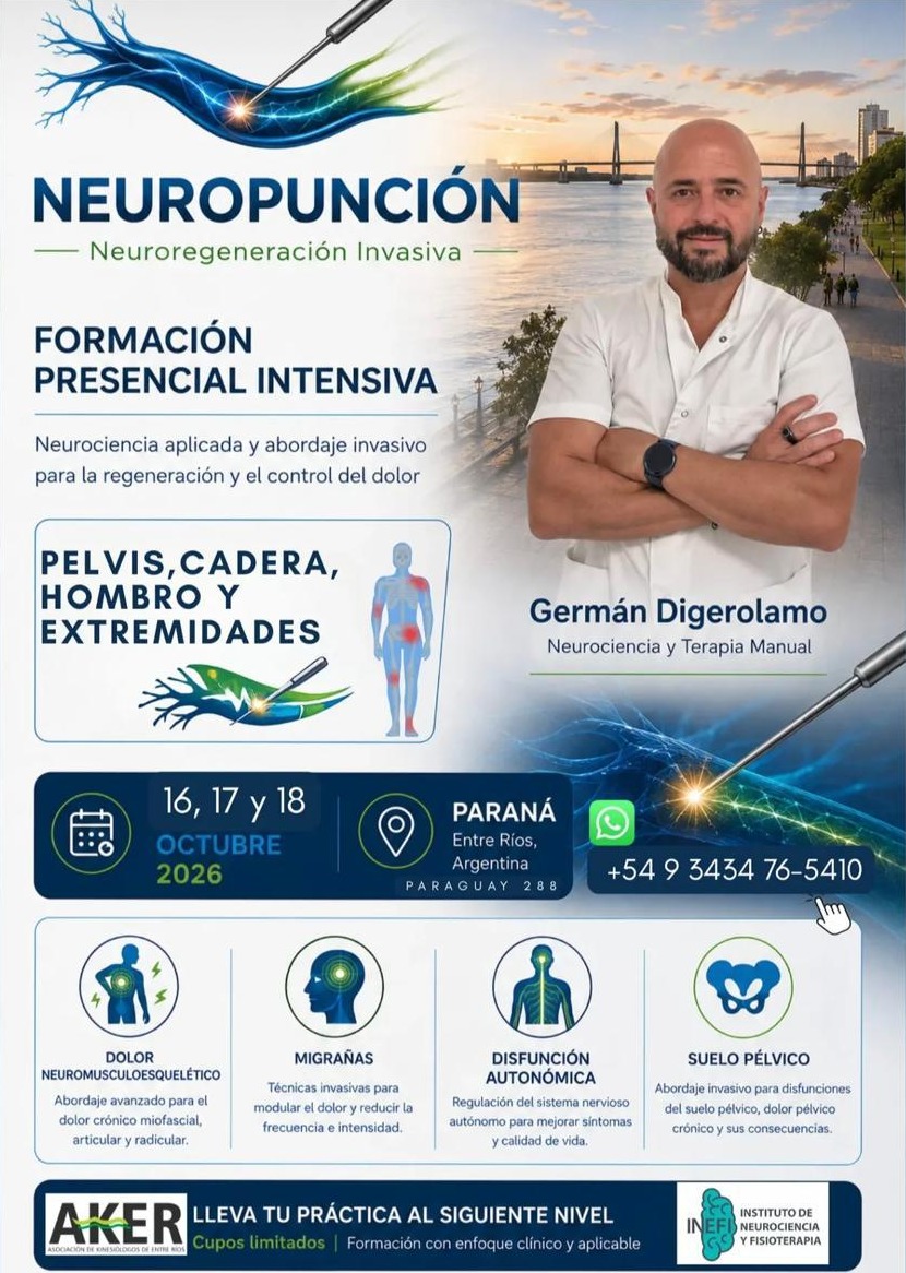 Flyer de la formación presencial Neuropunción con Germán Digerolamo, 16, 17 y 18 de octubre de 2026 en Paraguay 288, Paraná. Consultas al WhatsApp +54 9 3434 76-5410.