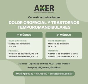  Flyer del Curso de actualización en Dolor Orofacial y Trastornos Temporomandibulares de AKER, noviembre y diciembre de 2026 en Paraná